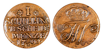 Восточная Пруссия (Польша) 1 шиллинг 1794 E, в лаке KM 50 медь 3459-233