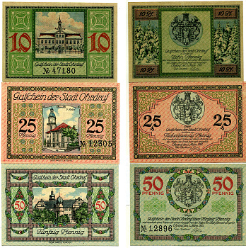 Германия, Ордруф набор из 3 банкнот 1921 1 МАРТА 1921, НОТГЕЛЬД (10, 25, 50 ПФЕННИГОВ), ЗЕМЛЯ ТЮРИНГИЯ, БЕЗ ПЕЧАТИ Grabowski 1012.1b, 1012.2b бумага 2193-6-2-2