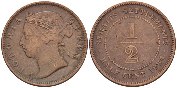 Стрейтс-Сетлментс 1/2 цента 1884 Виктория (1837-1901) KM 8a бронза 441-922