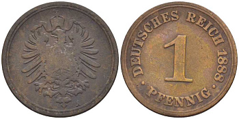 ГЕРМАНИЯ 1 ПФЕННИГ 1888 A, СТАРОГЕРБОВКА KM 1, J. 1, Weege 1 медь 206-1257