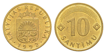 Латвия 10 сантимов 1992 KM 17 никель латунь UNC 3999-1151