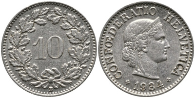 Швейцария 10 раппенов 1934 B KM 27b никель     4539-434