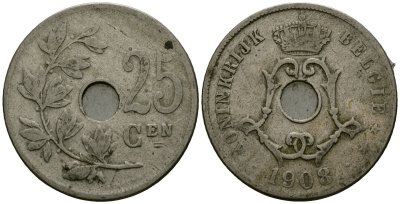 Бельгия 25 сантимов 1908 Belgie KM 63 медно-никель 4165-641
