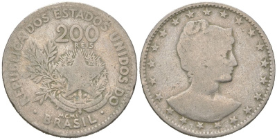 Бразилия 200 реалов 1901 MCMI, голова свободы вправо KM 504 медно-никель 4612-123