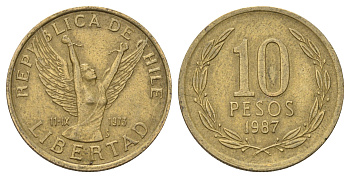 Чили 10 песо 1987 KM 218 латунь 4689-245