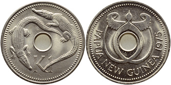 Папуа-Новая Гвинея 1 кина 1975 крокодилы KM 6 медно-никель UNC 1074-8-22