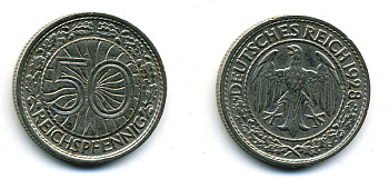 Германия 50 рейхспфеннигов 1928 A KM 49, J.324 никель 58-246