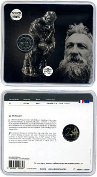 Франция 2 евро 2017 100 лет со дня смерти Огюста Родена, буклет, пластик, запайка KM 104 биметалл BUNC 966-5-2