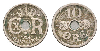 Дания 10 эре 1924 HCN, Кристиан X (1912-1947) KM 822 медно-никель 4658-266