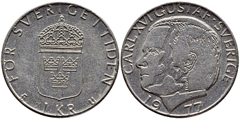 Швеция 1 крона 1977 Карл XVI Густав (1973- ) KM 852 медь плакированная медно-никелем 4397-847