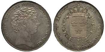 Швеция 1 риксдалер 1823 Карл XIV Юхан (1818-1844), малый бюст, штемпельный блеск KM 593, Ahlstroem 45b; Dav. 349 серебро 10-005-13