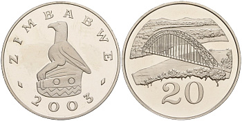 Зимбабве 20 центов 2003 мост Бирченоу KM 4a сталь плакированная никелем PROOF 3711-531