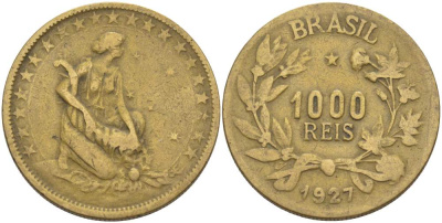 БРАЗИЛИЯ 1000 РЕЙС 1927 ФИГУРА С РОГОМ ИЗОБИЛИЯ ВПРАВО KM 525 алюминиевая бронза 4529-344