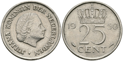 НИДЕРЛАНДЫ 25 ЦЕНТОВ 1950 ЮЛИАНА KM 183 никель 96-122