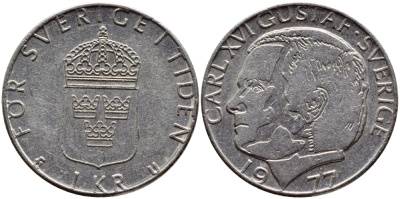 Швеция 1 крона 1977 Карл XVI Густав (1973- ) KM 852 медь плакированная медно-никелем 4397-847