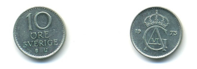 Швеция 10 эре 1973 U, Густав VI Адольф (1950-1973) KM 835 медно-никель 80-766