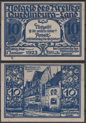 Кведлинбург-Ланд 10 пфеенигов 1923 бумага UNC (пресс) 8595-1-3-2