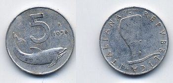 ИТАЛИЯ 5 ЛИР 1954 R, РУЛЬ, ДЕЛЬФИН KM 92 алюминий 62-2555