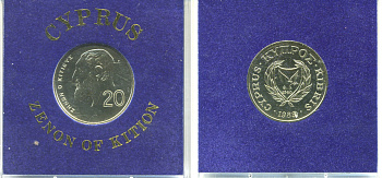 Кипр 20 центов 1989 ZENON OF KITION, в оригинальной пластиковой упаковке KM 62.1 бронза  PROOF  1-5-2-54