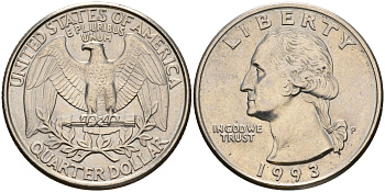 США 25 центов (квотер) 1993 P, Вашингтон KM А164а медь плакированная медно-никелем    4603-956