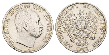 Пруссия 1 союзный талер 1867 A, Вильгельм I (1861-1888) KM 494, J. 96, AKS 99 серебро 1520-834