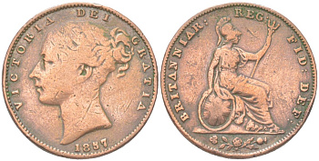 Великобритания 1 фартинг 1857 Виктория (1837-1901), редкий год KM 725, Spink 3950 медь 4613-417