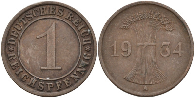Германия 1 рейхспфенниг 1934 A, Веймарская республика KM 37 бронза 4387-943