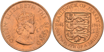 Джерси 1/12 шиллинга 1966 900 лет Нормандскому завоеванию KM 26 бронза UNC 4367-415