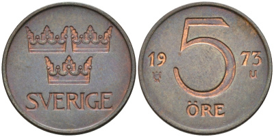 Швеция 5 эре 1973 Густав VI Адольф (1950-1973) KM 845 бронза 4585-327