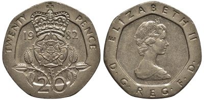 Великобритания 20 пенсов 1982 Елизавета II (1952-2022) KM 931, Spink 4230 (G1) медно-никель 186-846