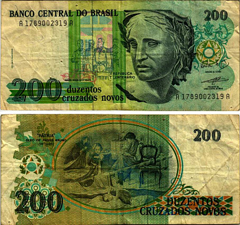 Бразилия  200 крузадо 1989 СЕРИЯ А 17899, ПОДПИСЬ 27 Pick 221 бумага 7219-43-3-2