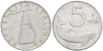 ИТАЛИЯ 5 ЛИР 1955 R, РУЛЬ, ДЕЛЬФИН KM 92 алюминий 175-122