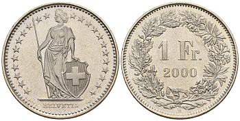 Швейцария 1 франк 2000 B HMZ 2.1204, Divo/Tob19.307a, KM 24a, Schoen 28a, Schoen 58 медно-никель UNC 4514-521