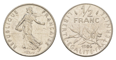 Франция 1/2 франка 1986 сеятель KM 931.1, Le Franc 198.25 никель 4649-1228