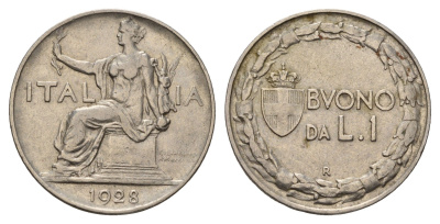 Италия 1 лира 1928 R, Виктор Эммануил III (1900-1946) KM 62 никель 181-125