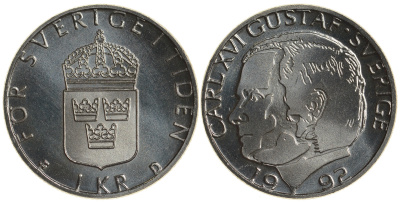 Швеция 1 крона 1992 Карл XVI Густав (1973- ) KM 852a медно-никель UNC 4179-1235