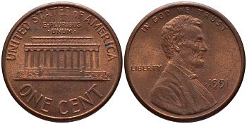США 1 ЦЕНТ 1991 ЛИНКОЛЬН KM 201b цинк плакированный медью 66-1042