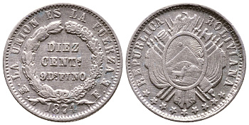 БОЛИВИЯ 10 СЕНТАВО 1874 FE KM 158.1 серебро 4178-213