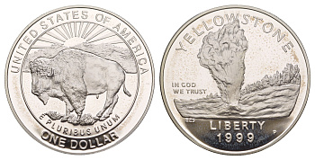 США 1 доллар 1999 P, Йеллоустон KM 299 серебро PROOF 11-267-25