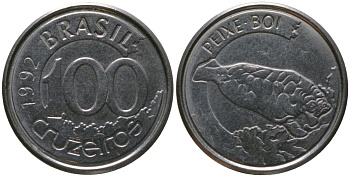 Бразилия 100 крузейро 1992 KM 623, Schon 132 нержавеющая сталь 4576-149