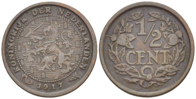 НИДЕРЛАНДЫ 1/2 ЦЕНТА 1917 ВИЛЬГЕЛЬМИНА I (1891-1948) KM 138 бронза 4547-1246