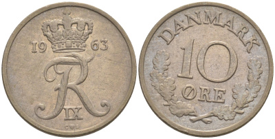 ДАНИЯ 10 ЭРЕ 1963 C; S, ФРЕДЕРИК IX (1947-1972) KM 849.1 медно-никель 187-645