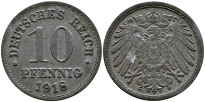 ГЕРМАНИЯ 10 ПФЕННИГОВ 1918 KM 26, J. 299 цинк 3999-621
