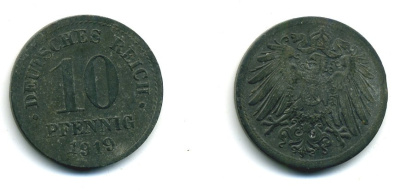 ГЕРМАНИЯ 10 ПФЕННИГОВ 1919 KM 26, J. 299 цинк 54-512