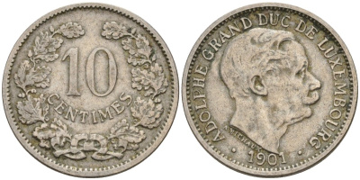 Люксембург 10 сантимов 1901 Адольф (1890 - 1905) KM 25 медно-никель 4525-1111