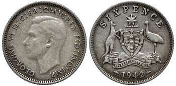 Австралия 6 пенсов 1942 Георг VI (1937-1952), герб Австралии KM 38 серебро 192-851