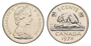 Канада 5 центов 1978 Елизавета II (1952-2022), бобр KM 60.1 никель PROOF-LIKE (BU) 4630-953