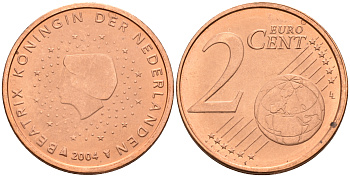 Нидерланды 2 евроцента 2004  КМ 235 сталь плакированная медью UNC   4160-1145
