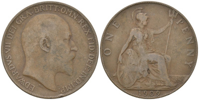 Великобритания 1 пенни 1909 Эдуард VII (1901-1910) KM 794.2, Spink 3990 бронза    4590-1213