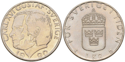 Швеция 1 крона 1990 Карл XVI Густав (1973- ) KM 852а медно-никель UNC 4582-514